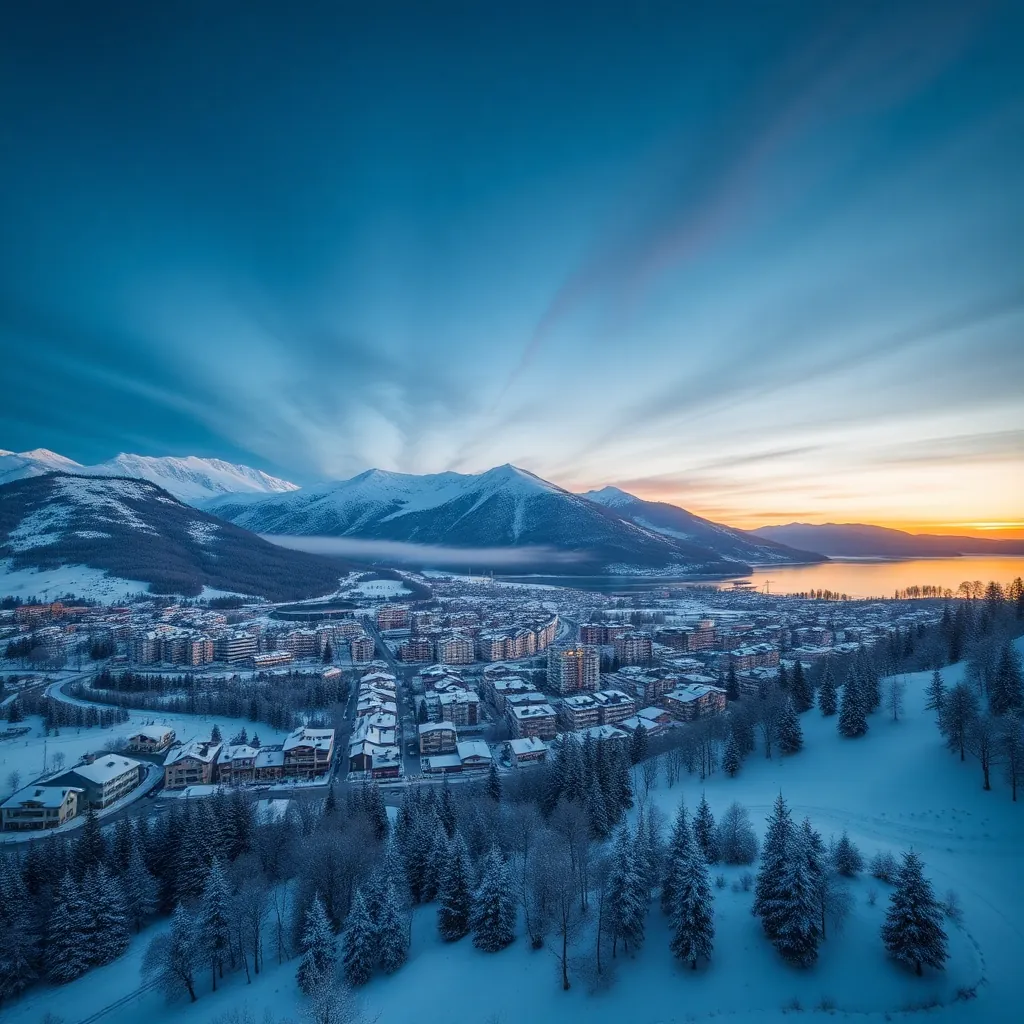 aerial view of snow-covered Zell am See alpine resort town at dusk, dramatic mountain backdrop, Aust